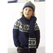 Gyermek pulóver íves passzével, hozzá illő sál és sapka